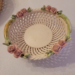 Vintage Italian Woven Pottery Bowl with flowers